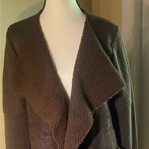 WD-NY Brown Faux Leather and Sherpa Vintage Cardigan Sweater Coat. Size. Large